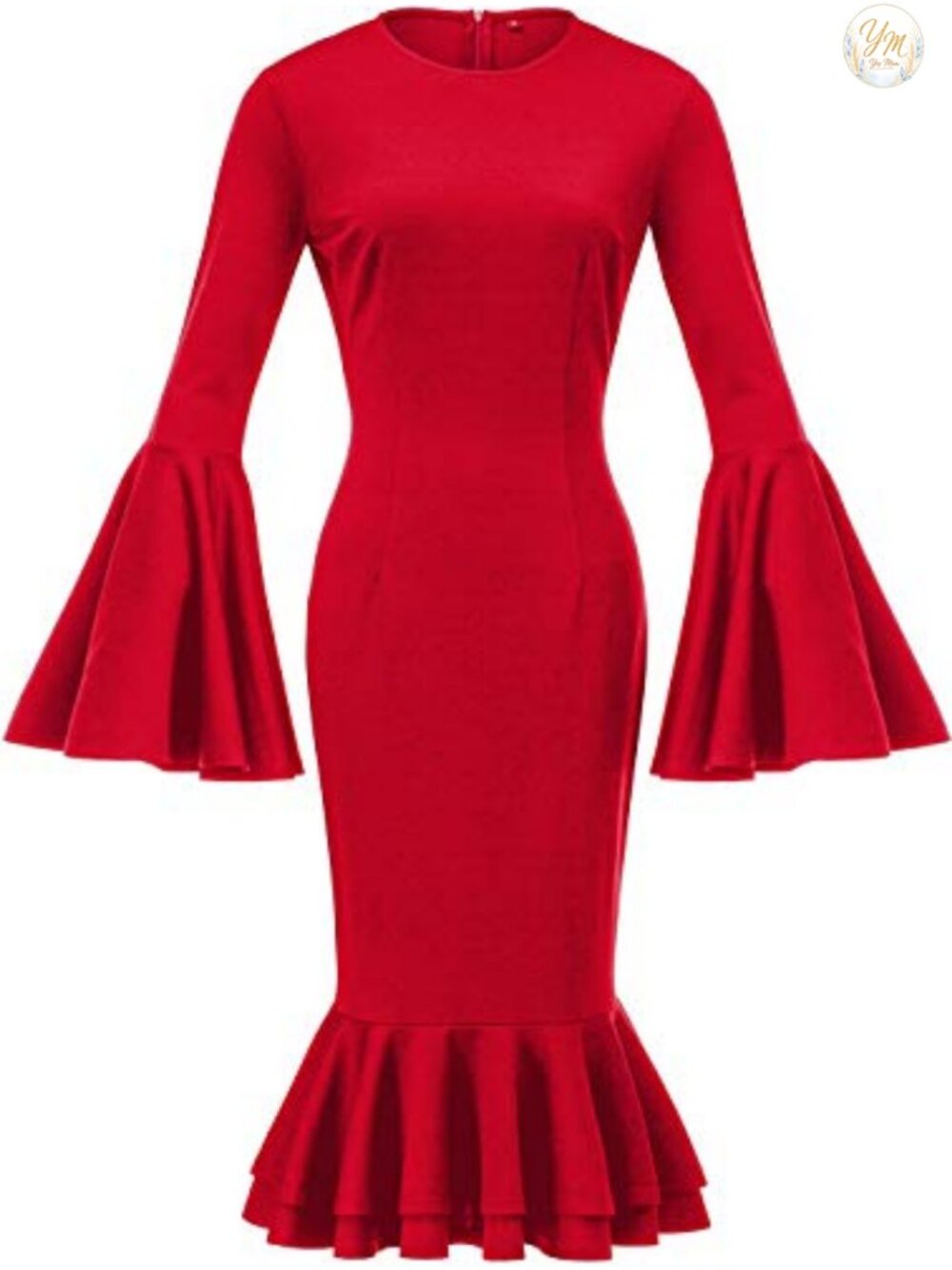 Bell Sleeve Midi Bodycon Dress Ruffle Fishtail Cocktail Party Pencil